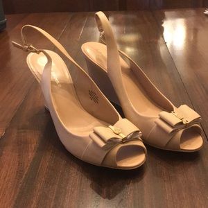 Size 11, tan peel toe wedge heels